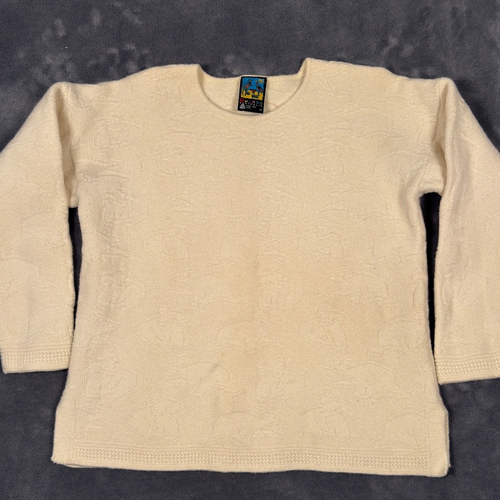 Vintage Emaroo Australia Sweater Pure New Wool 3D Textured Animal Knit Ivory M